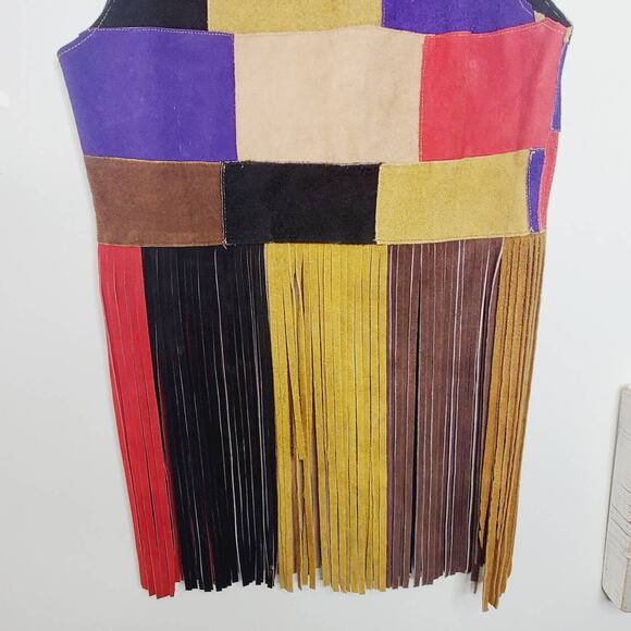 Vintage Suede Color Block Fringed Vest Art Colorful Festival Wear M - Picture 6 of 13